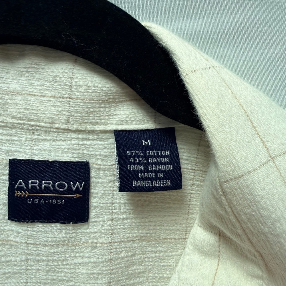 Arrow Mens Short Sleeve Button Down Shirt‎ Cream Bamboo Cotton Windowpane Medium - Picture 3 of 9